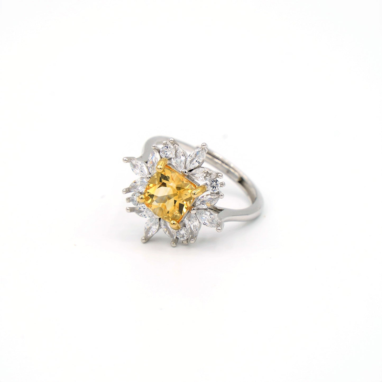 Shiny shiny _ Sunflower Princess Cut Citrine & Zircon Ring