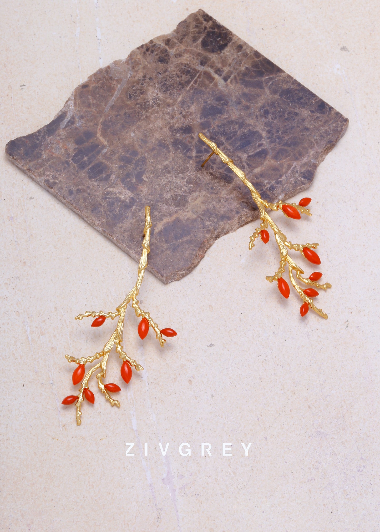 ZIVGREY_ Red coral tree branch earrings