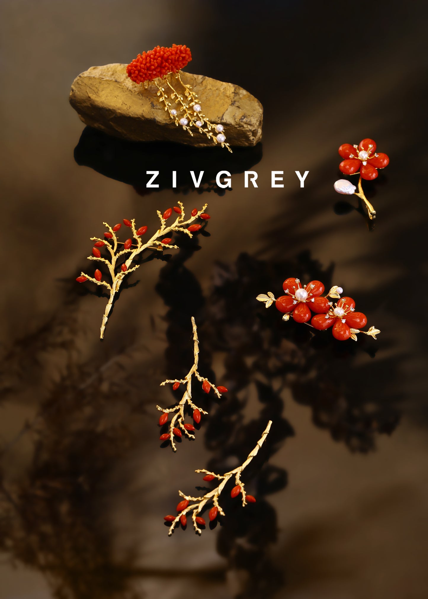 ZIVGREY_ Red coral tree branch earrings