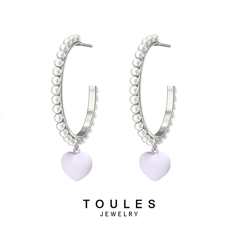 TOULES _ Pearl silicone love heart large hoop earring (single)