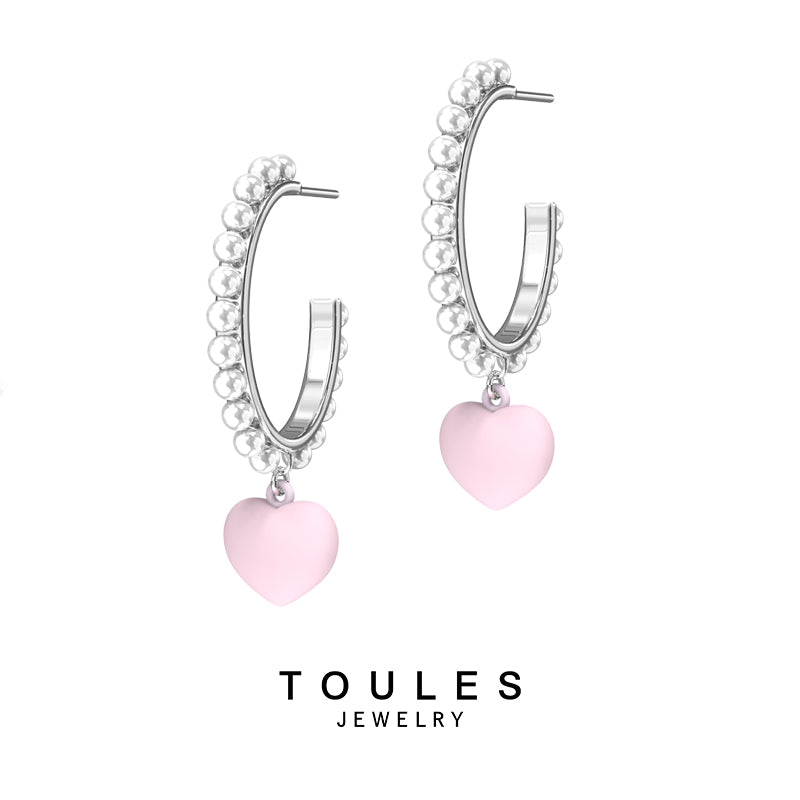 TOULES _ Pearl silicone love heart small hoop earrings