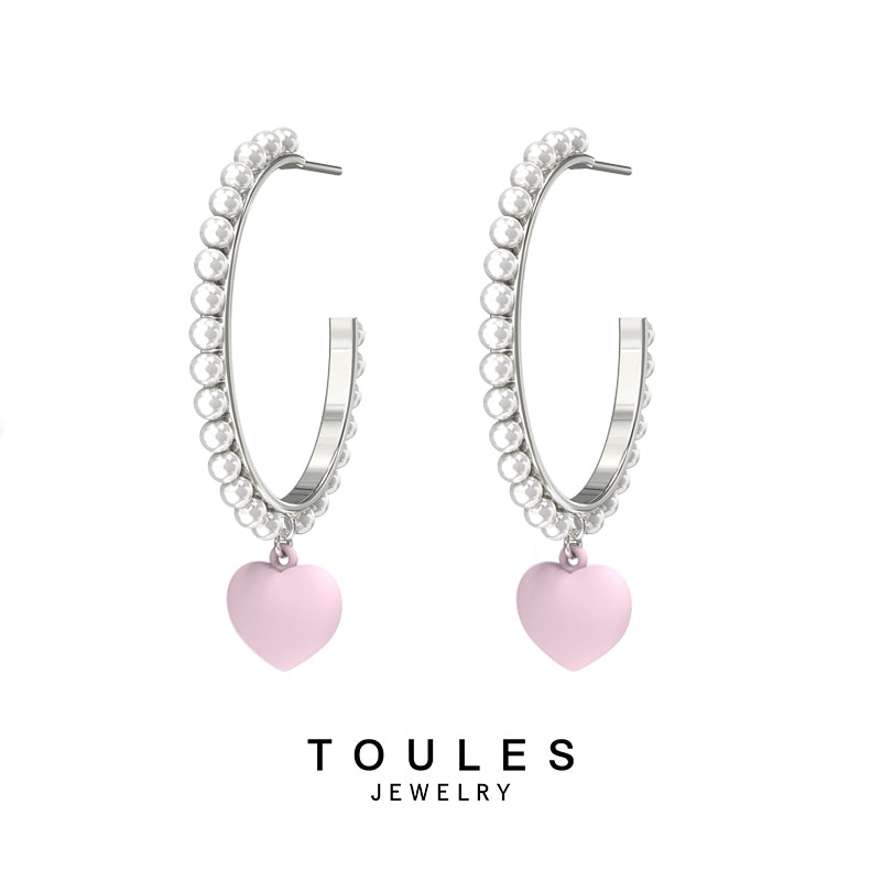 TOULES _ Pearl silicone love heart large hoop earring (single)